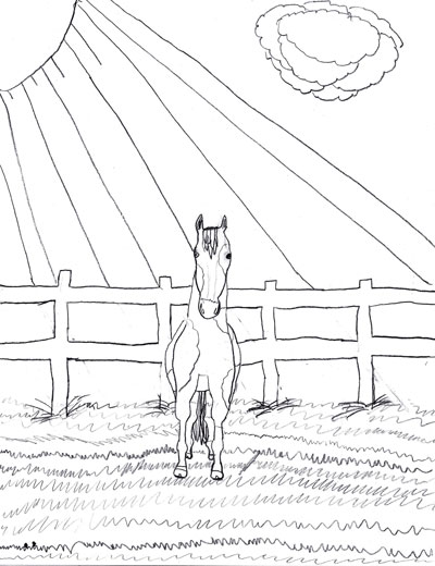 cowgirl's dolly horse in a field drawing